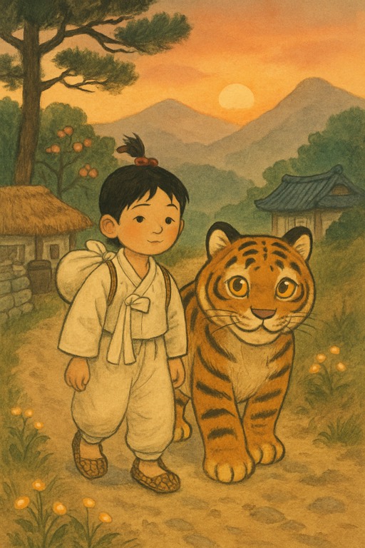A child and a tiger on a mountain road in Joseon Korea